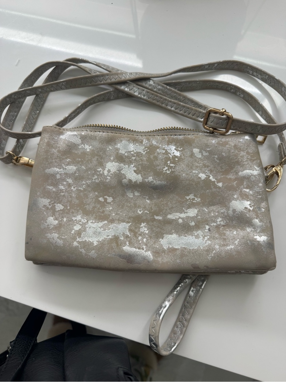 Taupe Metallic Accent Crossbody Bag with Adjustable Strap